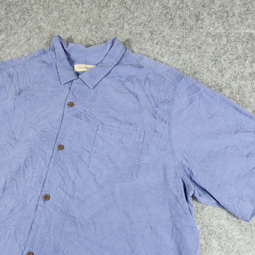 Tommy Bahama Shirt Men XXXL Blue Silk Blend Tropical Palm Leaf Aloha Hawaiian